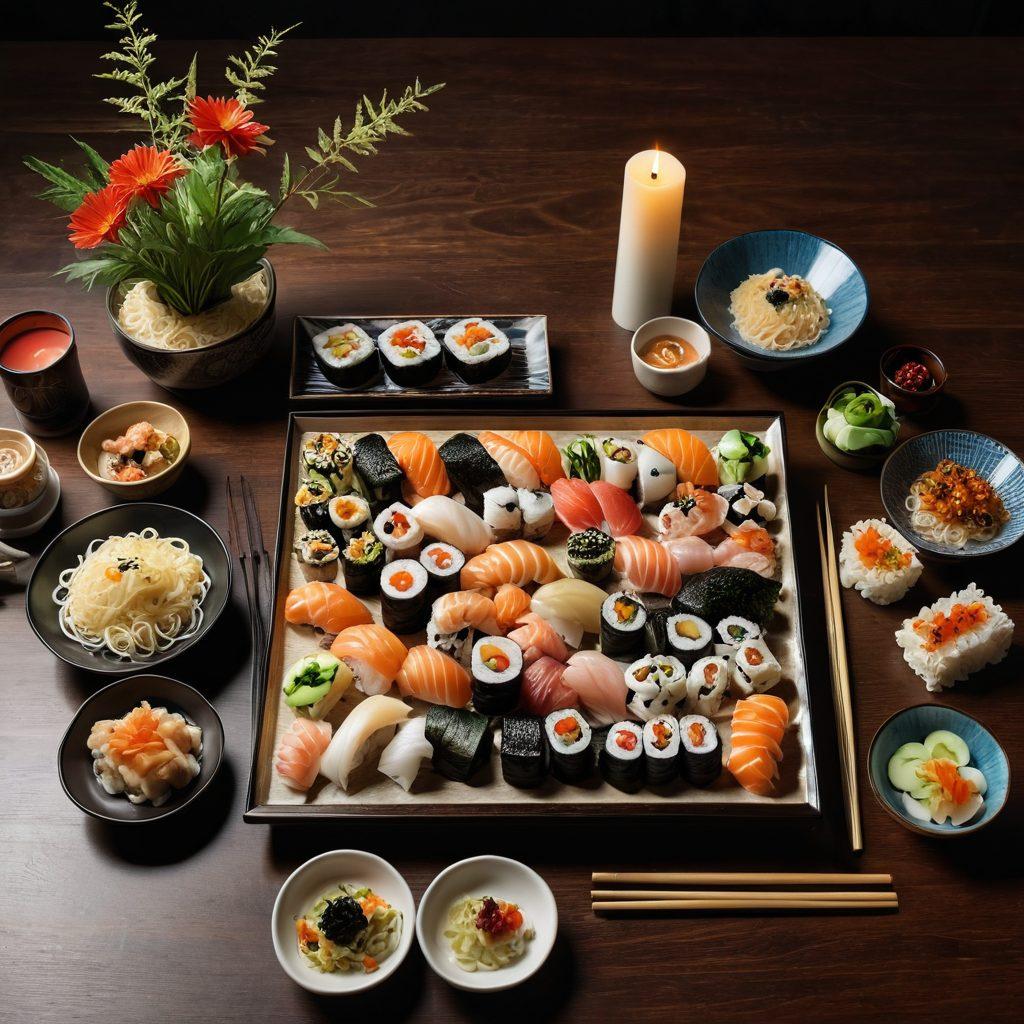 A beautifully arranged table featuring an array of sushi and noodles, with intricately decorated chopsticks elegantly placed beside each dish. Soft, ambient lighting enhances the colors of the food, while subtle Asian-inspired patterns are in the background. Include a hand gracefully using chopsticks to pick up a piece of sushi, emphasizing the cultural significance. Illustrate the scene with rich textures and vibrant colors. super-realistic. vibrant colors. 3D.