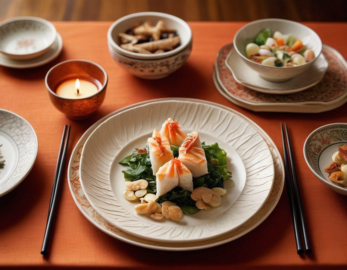 A beautifully arranged table setting featuring elegant chopsticks resting on intricately designed plates filled with diverse traditional dishes from various cultures. Soft, warm lighting casts an inviting glow, highlighting the rich textures of the food and the symbolic nature of the chopsticks. In the background, subtle hints of cultural artifacts represent their history and significance. A gentle, flowing table cloth adds to the aesthetic appeal. super-realistic. warm colors. soft lighting.