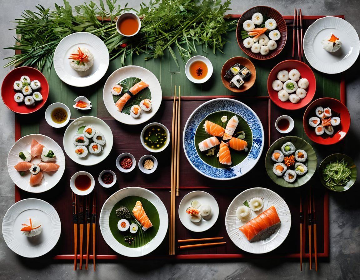 A beautifully arranged dining table featuring elegant chopsticks delicately placed beside an array of colorful Asian dishes, such as sushi, ramen, and dumplings, with intricate patterns on the plates. The setting includes bamboo accents and soft, warm lighting to evoke a serene atmosphere. A background of lush green plants hints at the cultural roots of Asian cuisine. vibrant colors. 3D. soft focus.